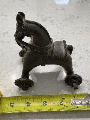 Antique India Brass Temple Toy Horse on Wheels - Image 1 of 4