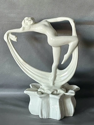 Vtg Art Deco COWAN POTTERY (?) Lady Scarf Dancer FIGURINE/Nude FLOWER FROG - 7" - Image 1 of 4