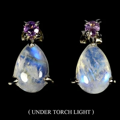 925 Sterling Silver Earrings Pear Moonstone 10x7mm Amethyst Gemstone Jewelry - Image 1 of 4