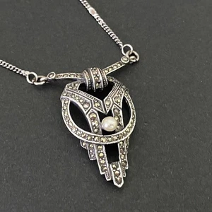 Collana retrò in argento sterling e marcasite e perle 15,5" ~ marcata T J Z 925 - Foto 1 di 17