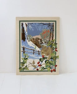 Vintage Tapestry Picture Completed Needlepoint Winter Snow Landscape Mouse - Picture 1 of 8