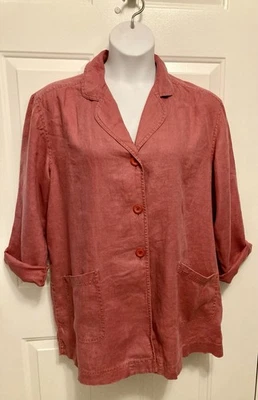 Chaqueta para mujer Jill talla grande 100 % lino rosa frambuesa abrigo bolsillos relajado Foto 1 de 4