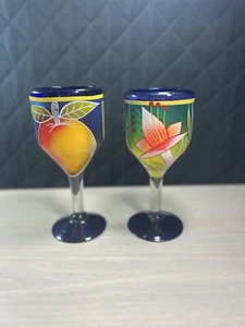 Mexican Hand Painted Hand Blown Wine Goblets Cobalt Blue Fruit Motif - Set of 2 - Picture 1 of 17