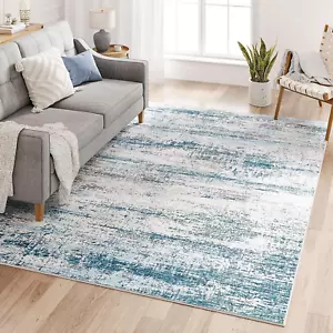Abstract Contemporary Area Rugs, Coastal Blue Fluffy Rug Big Carpet for Bedroom - Picture 1 of 7