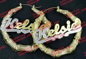 PERSONALISIERTE 14K GP 3:00" GROSSE BAMBUS NAMEN OHRRINGE BELIEBIGER NAME BIS ZU 9 BUCHSTABEN SN - Bild 1 von 2