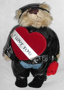 Vintage Valentine Bear Hand Craft 12" Tall Black Biker Attire With Box & Rose - Picture 1 of 8