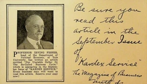 Professor Irving Fisher Kardex Service Magazin 1925 Werbung Postkarte - Bild 1 von 2