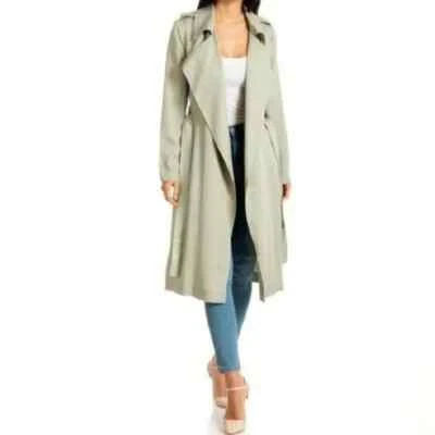 Chaqueta gabardina Badgley Mischka verde salvia con cinturón larga Angelina XXS Foto 1 de 4