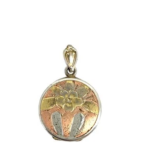 Sterling Vermeil Jugendstil dreifarbig Blumenmuster rund Charm Medaillon Anhänger - Bild 1 von 6