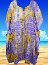 Womens Caftan Dresses, Mid length Kaftan, Purple Yellow Floral Print Dress L-4XL