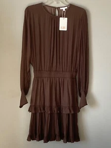 New GB Satin Long Sleeve Tiered Dress w/Godet Hem, Brown S - Picture 1 of 12