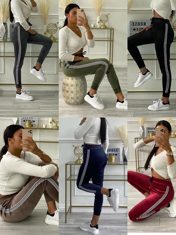 Womens Velour Side Stripe Velvet Legging Ladies Casual Stretchy Sports Trousers - Image 1 of 1