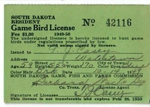 Vintage South Dakota Spiel Vogeljagd Lizenz 1949-50 Besitzer war Zugführer - Bild 1 von 2