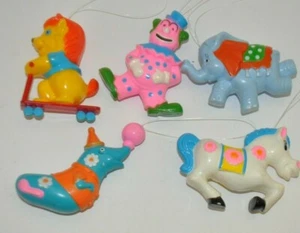 lot of 5 Sanitoy 1970s CIRCUS, ANIMALS, CLOWN toy plastic carnival ornament - Picture 1 of 3