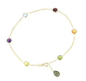 14K Yellow Gold Gemstone Anklet With A Smoky Topaz Pear Shape Drop 11 Inches - Picture 1 of 2