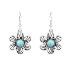 Water-Inspired Turquoise Earrings Flower Drop Design 925 Silver Plated 4.8 CM - Picture 1 of 4