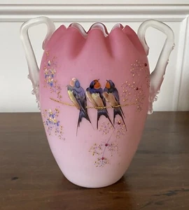 Victorian Cased Glass Handled Vase with Hand Painted Songbirds - 6.5" - Picture 1 of 14