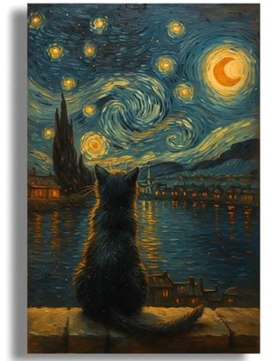 Cat Starry Night Wood Jigsaw Puzzle Rectangle Adults Kids Small/A5 NIB - Image 1 of 3