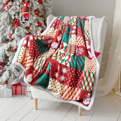 Christmas Throw Blanket 50×60, Double-Knit Sherpa Flannel & Lamb Fleece, Revers - Image 1 of 4