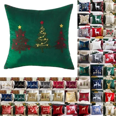UK NEW Christmas Tree Velvet Cushion Cover Xmas Pillow Case Home Decor Santa 18" - Image 1 of 4