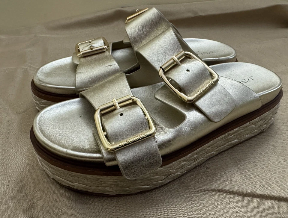 J Slides Bonnie Leather Gold Metallic Double Buckle Platform Mules 8.5 - Image 1 of 4