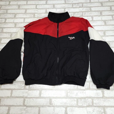 Chaqueta cortavientos vintage años 90 Reebok negra roja blanca con cremallera de nailon para hombre M Foto 1 de 4