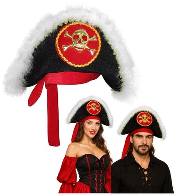 Sombrero Pirata Adulto Con Calavera y Huesos Cruzados Adulto Negro Rojo Bucanero Capitán Foto 1 de 4