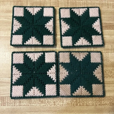 Vintage Plastic Canvas Needlepoint Coasters Set Of 4 3.75” Green Stars Handmade - Image 1 of 4