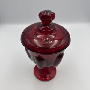 Vtg Viking Glass Ruby Red Epic 6 Petal Compete Candy Dish w/Lid Made USA 8" Tall - Picture 1 of 11