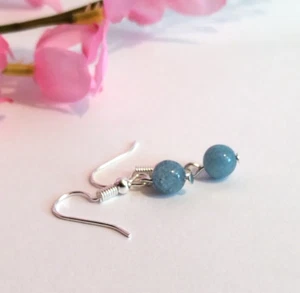 Aquamarine Drop Earrings Blue Stone Bead Handmade Silver Tone Hook Dainty Simple - Picture 1 of 8