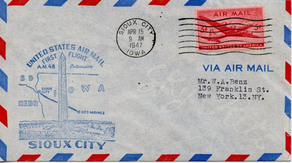 FIRST FLIGHT SIOUX CITY TO DES MOINES AM48  1947 FDC1383 - Image 1 of 1