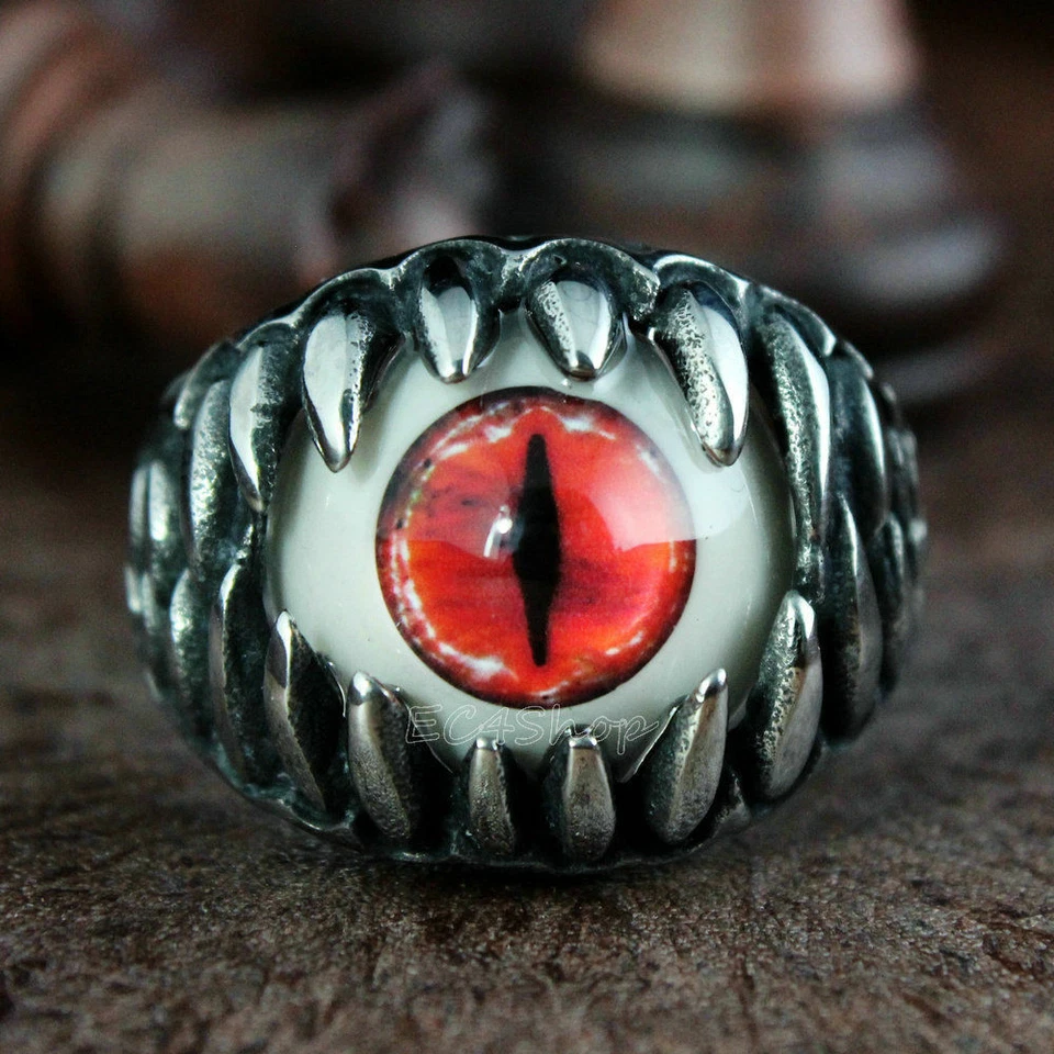 Anillo de motociclista de acero inoxidable 316L plata mal de ojo dientes de dragón retro punk para hombre Foto 1 de 4