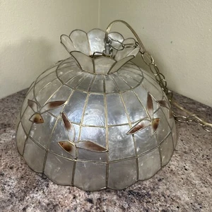 Swag Light Capiz Shell Seagulls Birds Vintage MCM Works! Hanging - Picture 1 of 19