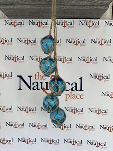 5 x 2" Aqua Glass Fishing Floats On Rope, Nautical Fish Net Decor, Light Blue - Picture 1 of 7