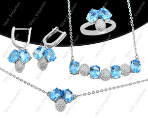 Natural Swiss Blue Topaz Gemstone 925 Sterling Silver Women Bridal Jewelry Set - Picture 1 of 5