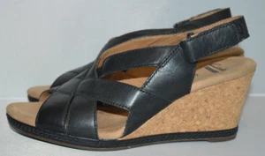 CLARKS COLLECTION CUSHION SOFT BLACK REAL LEATHER WEDGE SANDALS SIZE UK 5 EU 38 - Picture 1 of 5