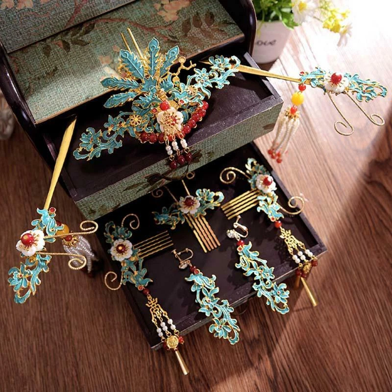 装饰品流苏头饰+耳环套装复古中国风格新娘婚礼头发 — 第 1/4 张图片