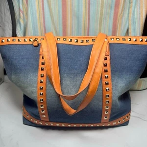 Revolution Large Denim Studded Tote Shoulder Bag Polka Dot Lining - Picture 1 of 13