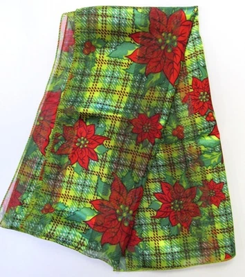 Women's Long Green Plaid Silk Feel Poinsettia Print Scarf Christmas Holiday NEW - Image 1 of 3
