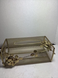 Vintage HOLLYWOOD REGENCY Gold Metal Tissue Box Cover MCM Roses Floral Leaves - Picture 1 of 11