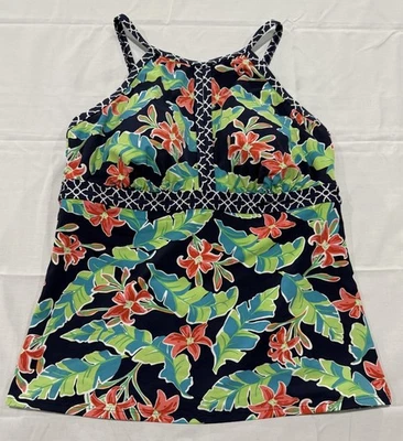 Lands' End Blue Floral Tankini Swim Top Size 14 High Neck Keyhole Padded Cups - Image 1 of 4