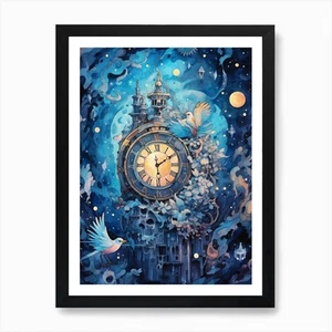 Watercolour Space Clock Celestial 7 Framed Wall Art Poster Canvas Print Picture - Picture 1 of 4