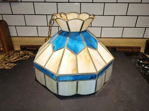 LEADED MULTI COLOR BLUE SLAG STAINED GLASS CHANDELIER 15" - Picture 1 of 13