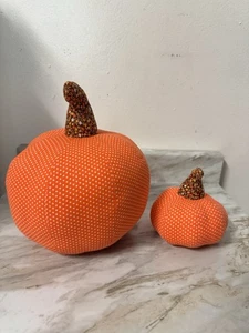 Set of 2  Handmade Fabric Polka Dot Floral Pumpkins Fall Harvest Thanksgiving - Picture 1 of 4