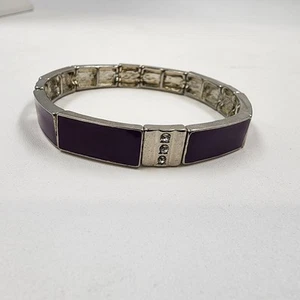 Silver Tone Glossy Purple Enamel & Rhinestone Rectangle Link Stretch Bracelet 3" - Picture 1 of 6