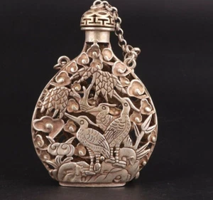 RARE CHINA TIBET SILVER PENDANT SNUFF BOTTLE HOLLOWED OUT CRANE MASCOT GIFT - Picture 1 of 3