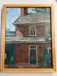 Pintura al óleo de Ben Marcune de casa de ladrillo rojo enmarcada y firmada Plein Air 17x13" - Imagen 1 de 6