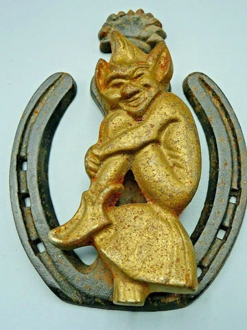 Vintage Brass+Iron Door Knocker Pixi On Mushroom With Horseshoe Nice Detail 60s Cover