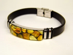 Baltic Amber Mosaic and Leather Cuff Bracelet 8.5" Men Women Unisex Natural 1200 - Picture 1 of 11
