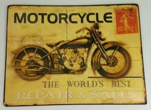 Letrero rectangular metálico 12x9 de venta de reparación de motocicletas garaje en dificultades hombre cueva  - Imagen 1 de 6